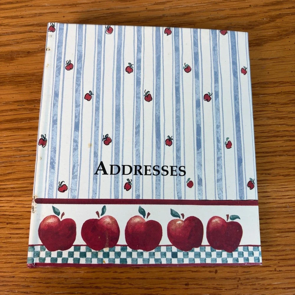 Vintage Apple Print Address Book 6 Ring Binder Organizer Blue White Stripe 90s